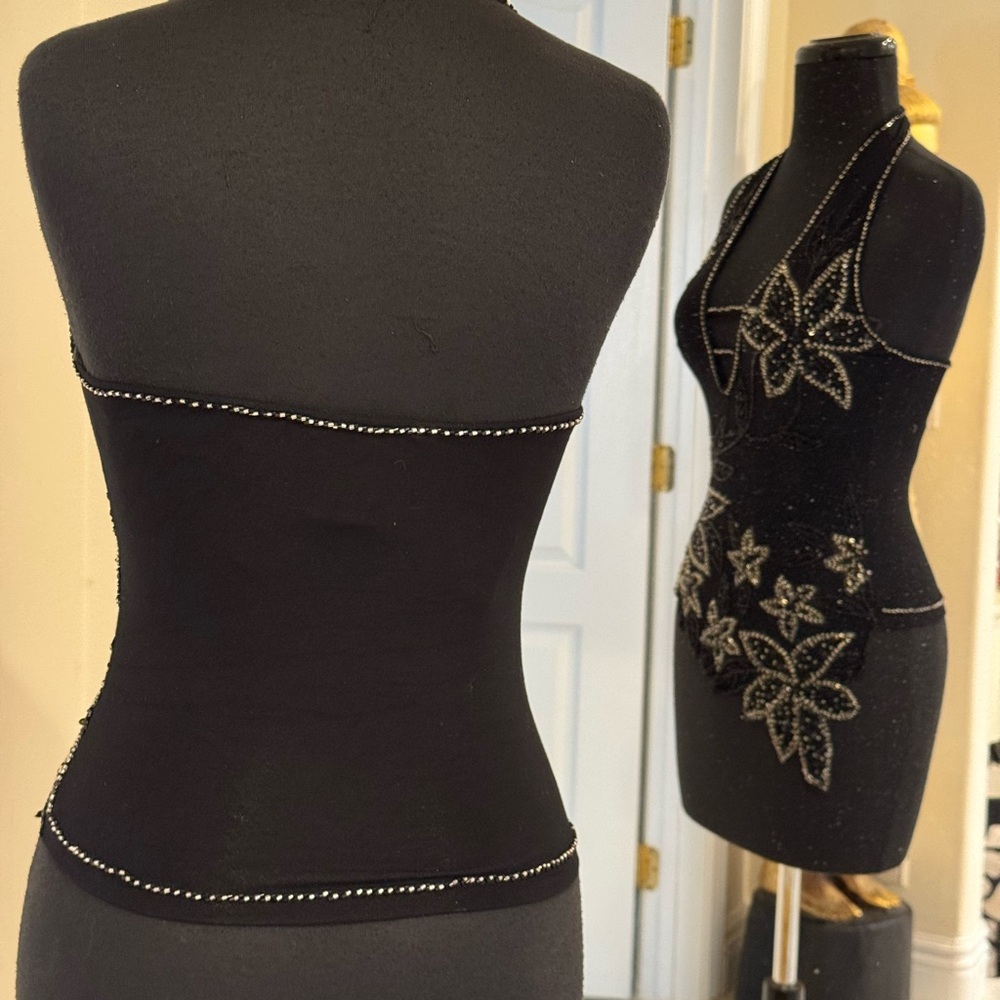 Hand beaded Black Halter top on stretch quality fabric. Brand new with tags. - Picture 3 of 5